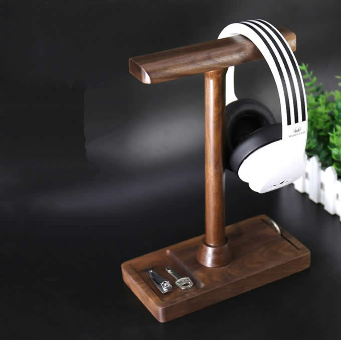 Universal Black Walnut Wooden Dual Headphone Stand Hanger Holder FeelGift