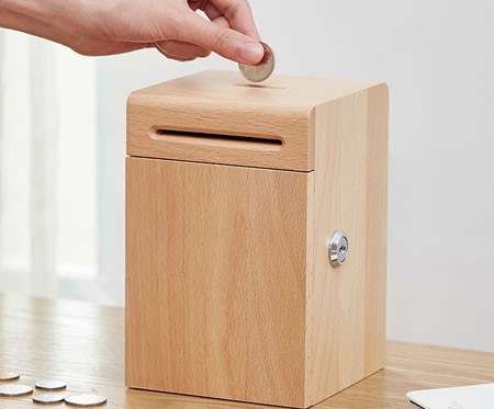 Creative strongbox wooden piggy bank coin box with key lock
