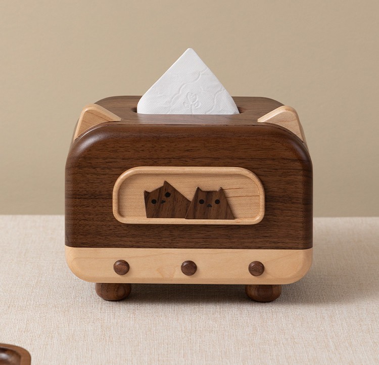 Abstract Cat Tissue Box, Black Walnut Wood Design
