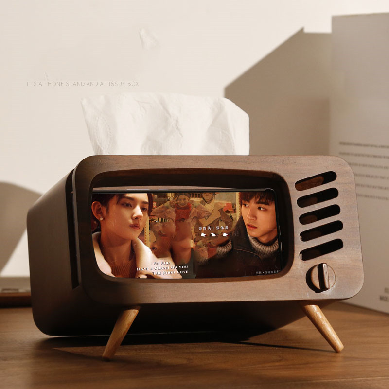 Creative Wooden Tv Tissue Box  Phone Holder